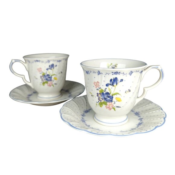 Vintage Nikko Japan Blue Peony Floral Footed Teacup Saucer Set Cottagecore - Picture 1 of 9